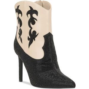 INC Cowboy Boots Size 8.5 Black Cream Embellished Western High Heel Booties